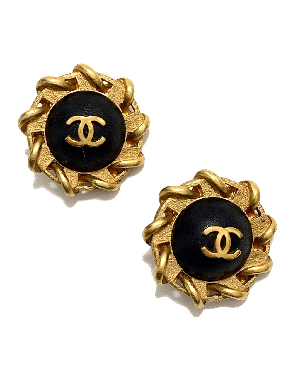 Clips CHANEL ronds cuir noir vintage