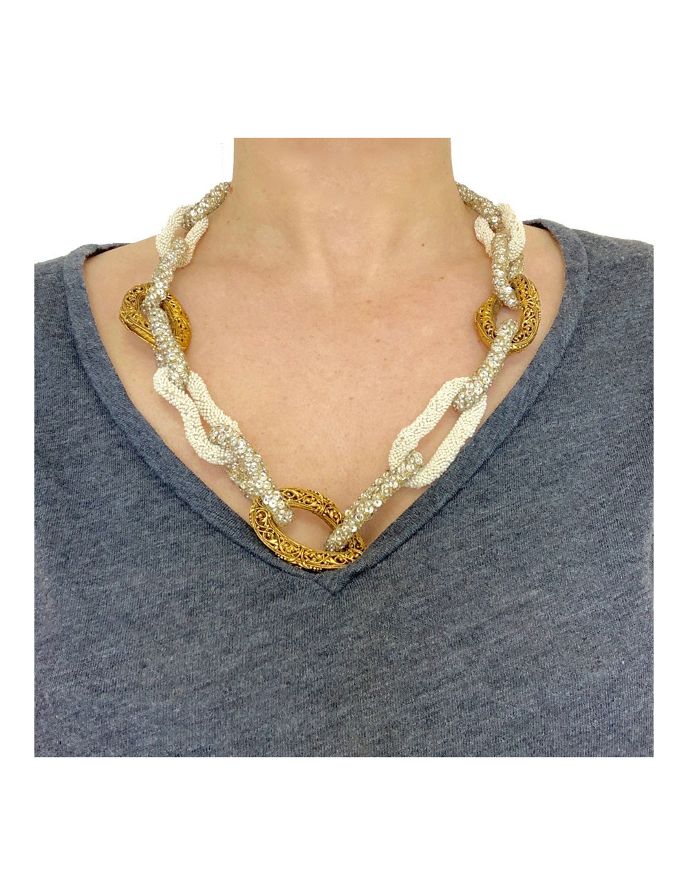 Collier CHANEL anneaux perles et strass vintage