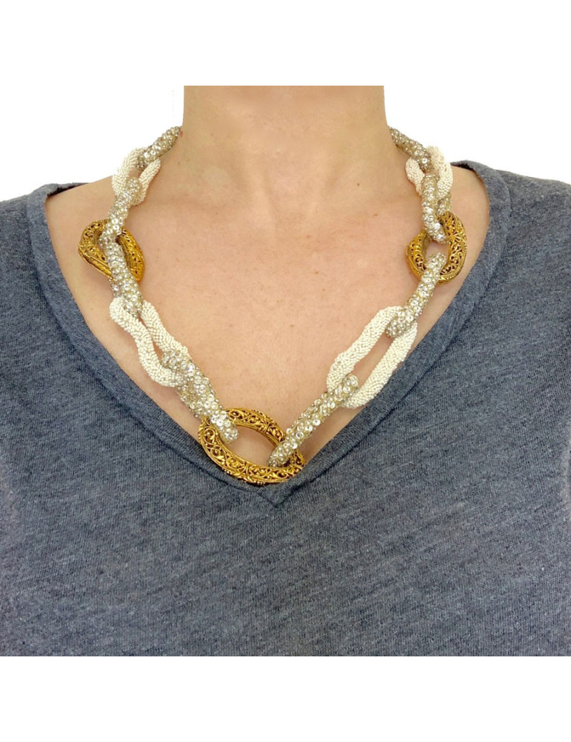Collier CHANEL anneaux perles et strass vintage