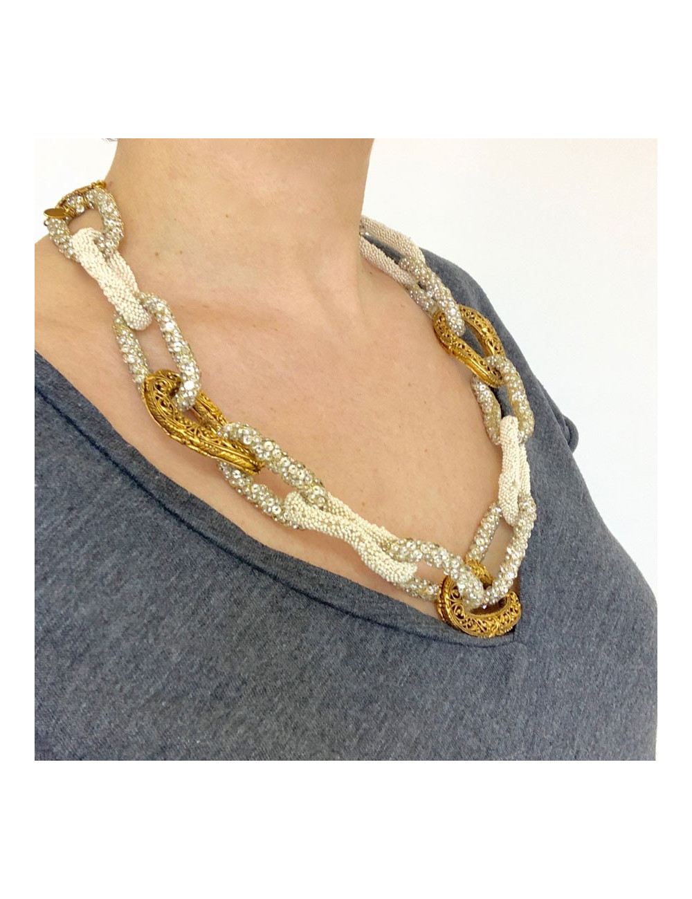 Collier CHANEL anneaux perles et strass vintage