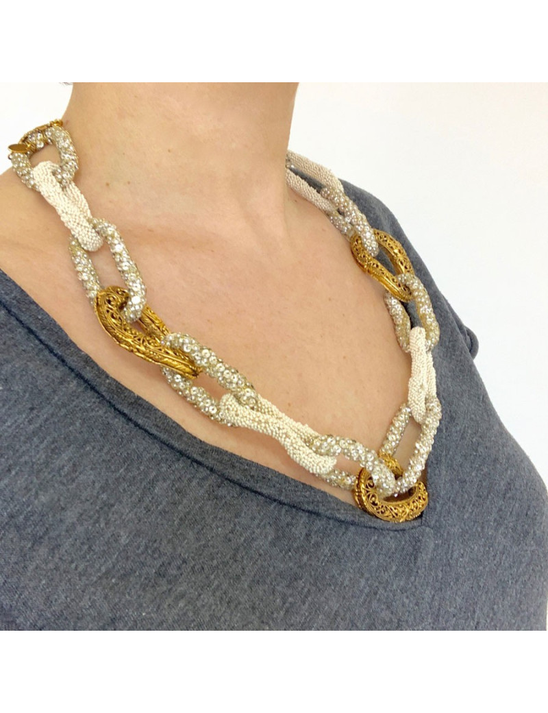 Collier CHANEL anneaux perles et strass vintage