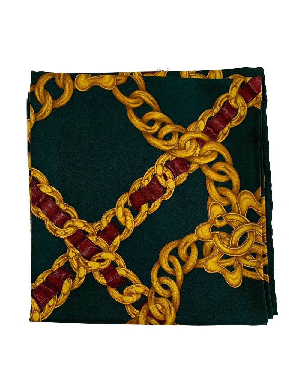 Carré CHANEL soie  vert et imprimés chaînes dorées