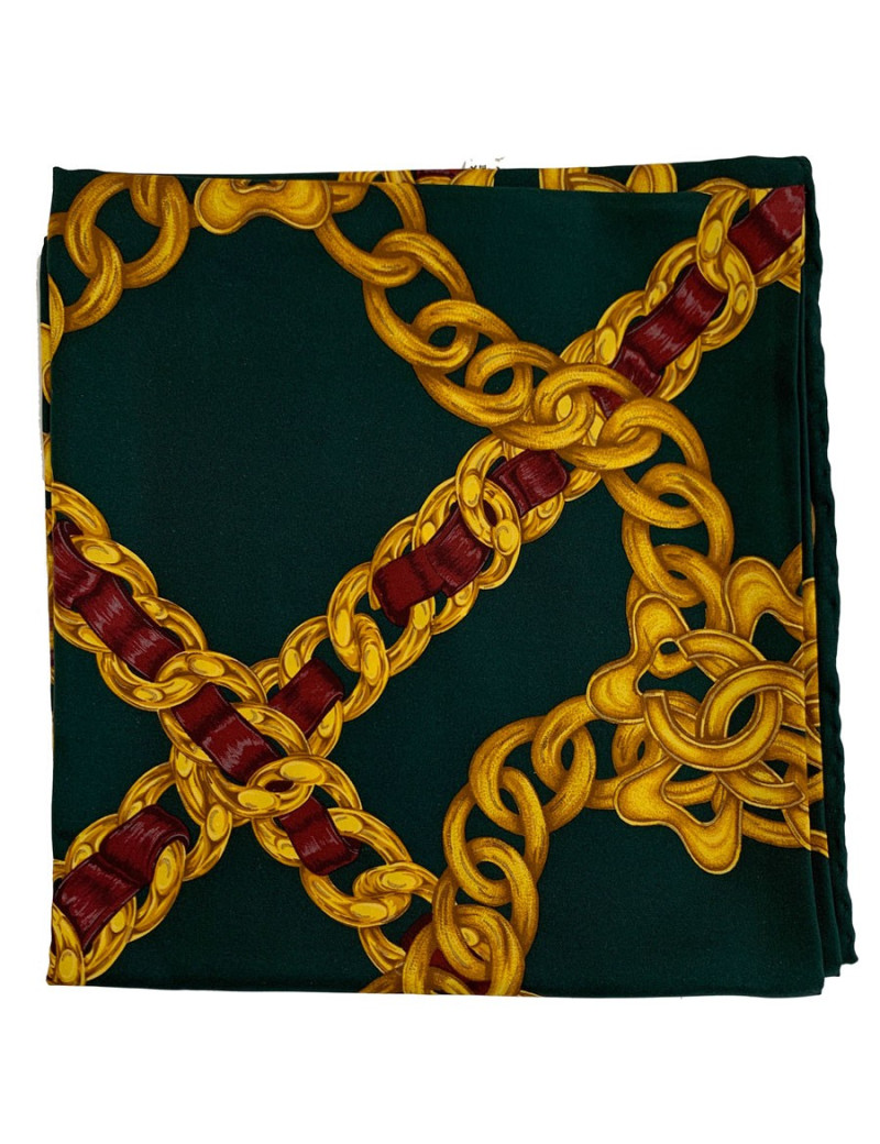 Carré CHANEL imprimé chaînes dorées en soie vert foncé 