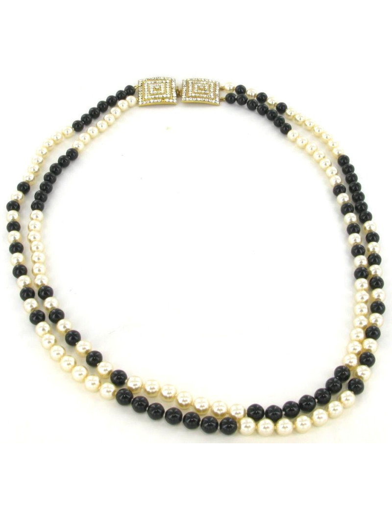 Sautoir CHANEL perles blanches et noires fermoir strass