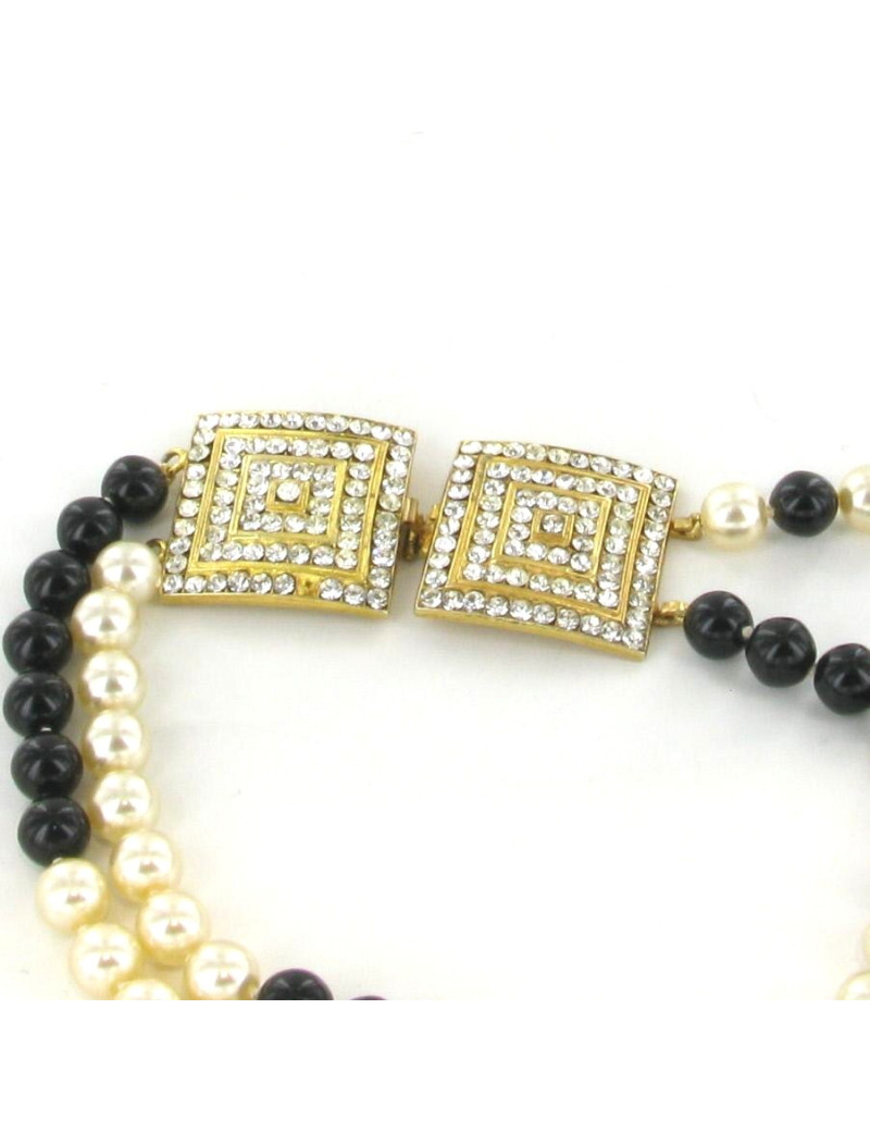 Sautoir CHANEL perles blanches et noires fermoir strass