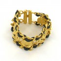 CHANEL chain bracelet gold and black leather and crests