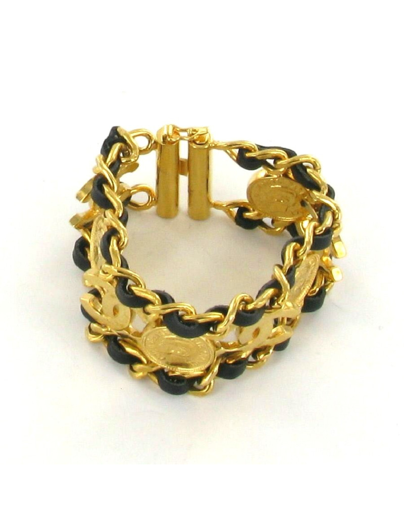 Bracelet CHANEL chaîne or et cuir noir et écussons