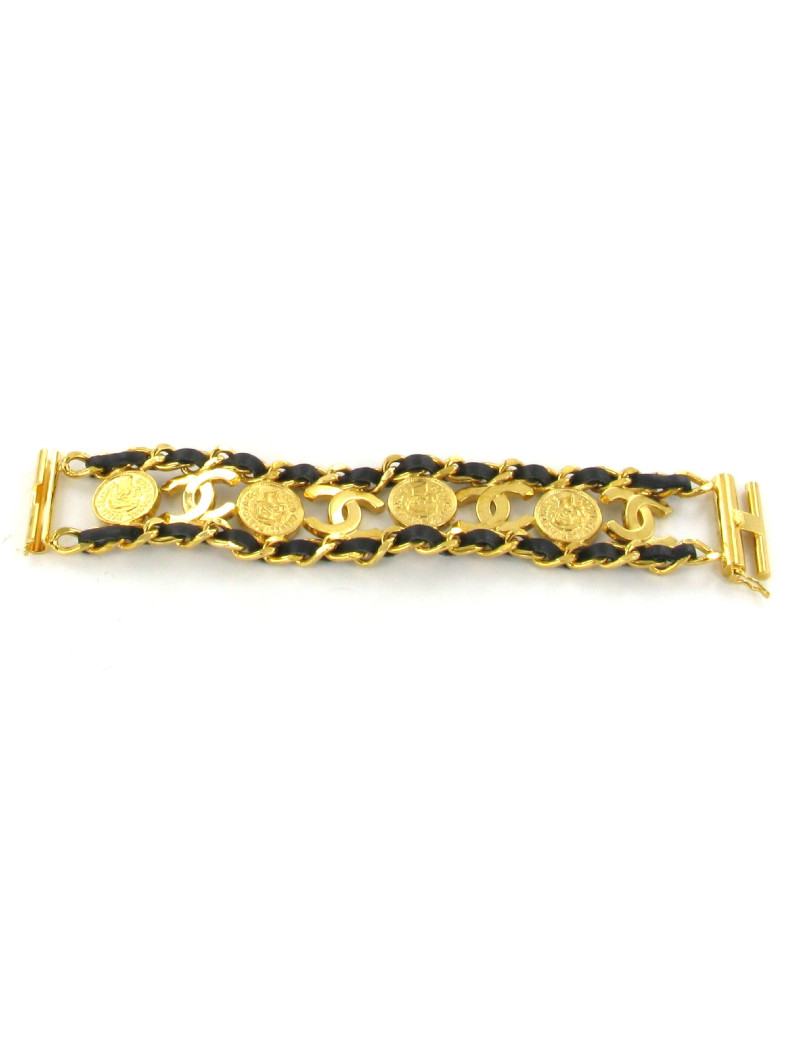 Bracelet CHANEL chaîne or et cuir noir et écussons