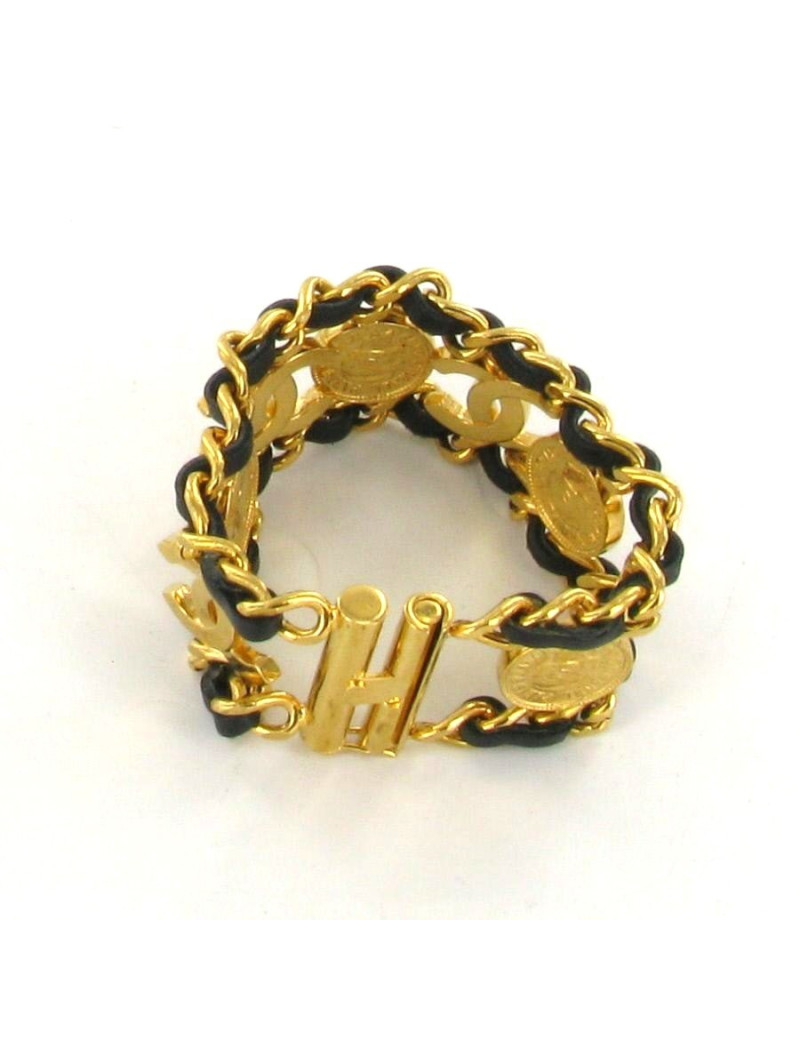 Bracelet CHANEL chaîne or et cuir noir et écussons