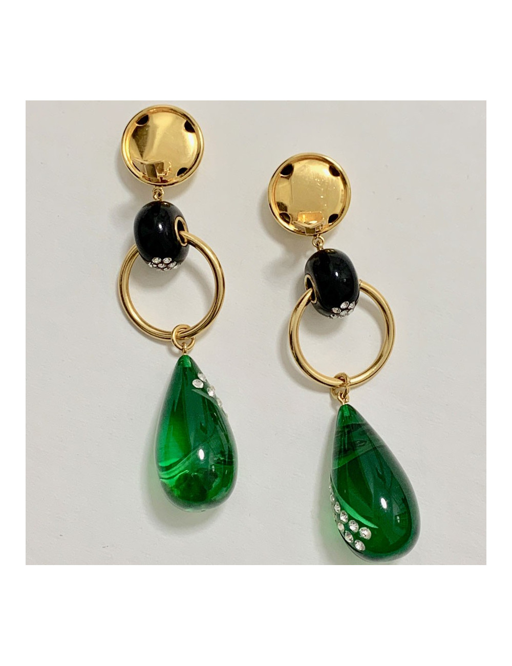 Boucles d'oreille clips pendantes vert émeraude