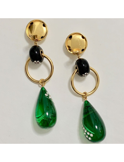 Boucles d'oreille clips pendantes vert émeraude