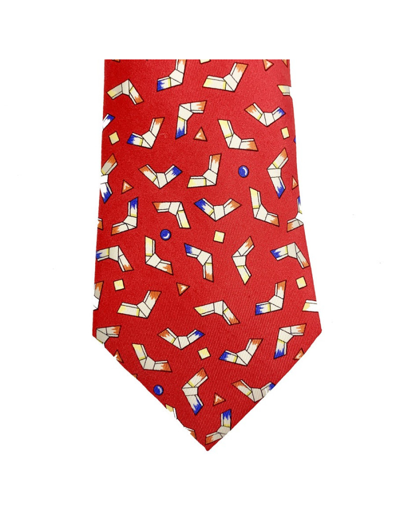 Cravate rouge HERMES motif géométrique en soie vintage