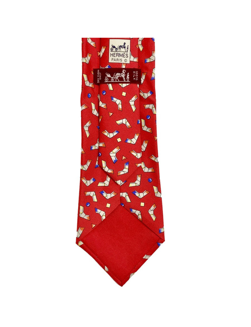 Cravate rouge HERMES motif géométrique en soie vintage