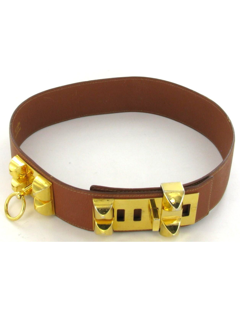 Ceinture HERMES vintage collier de chien camel et or