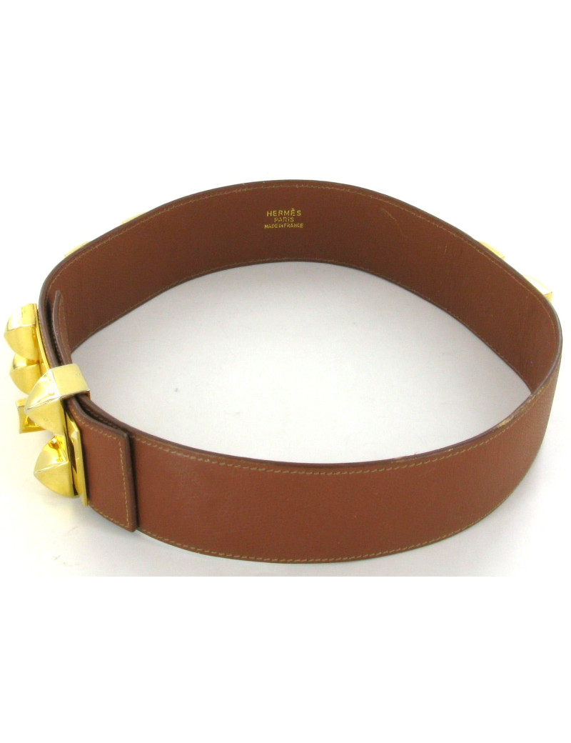 Ceinture HERMES vintage collier de chien camel et or