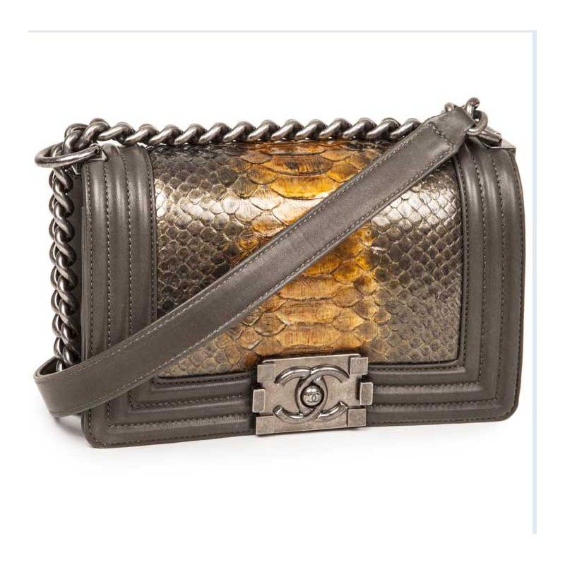 Chanel Boy bag in kaki leather and python - VALOIS VINTAGE PARIS
