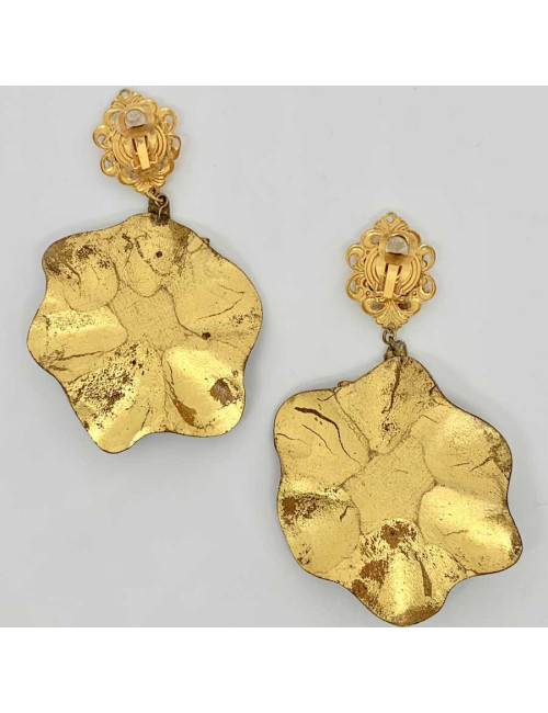 Boucles d'oreilles clips feuille bronze et doré vintage non signées