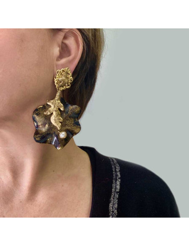 Boucles d'oreilles clips feuille bronze et doré vintage non signées 2