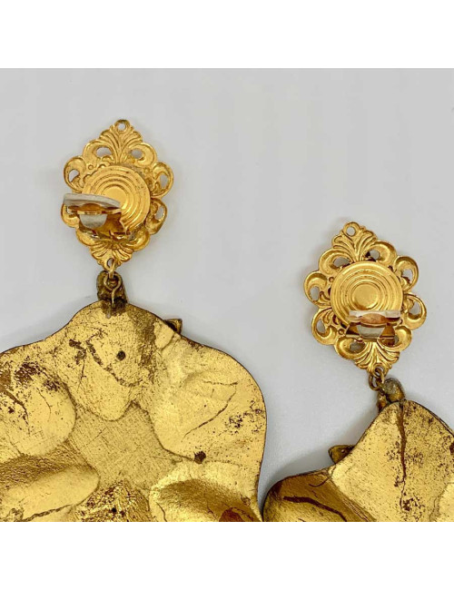 Boucles d'oreilles clips feuille bronze et doré vintage non signées