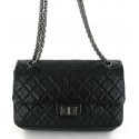 2.55 CHANEL black distressed calf leather bag silver