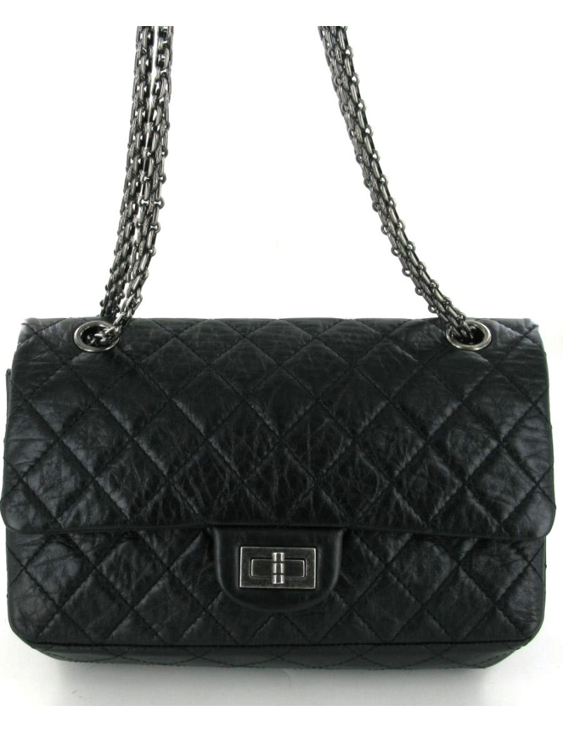 Sac 2.55 CHANEL cuir de veau vieilli noir chaîne argent