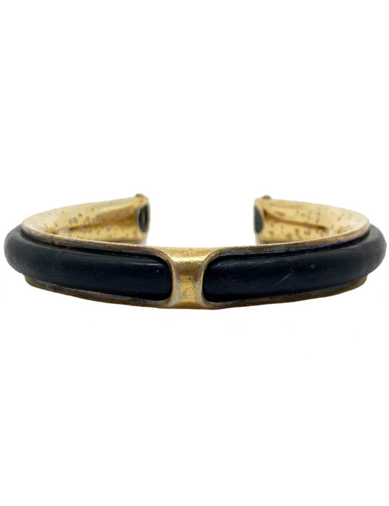 Bracelet vintage HERMES cuir noir laiton doré