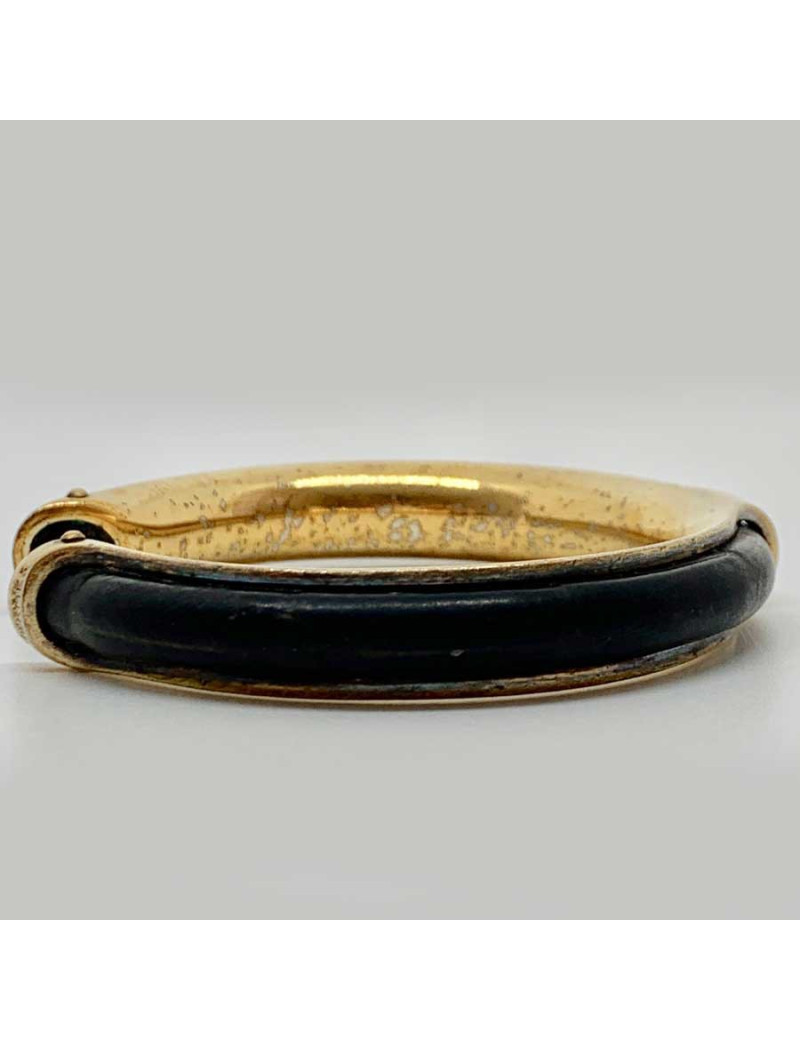 Bracelet vintage HERMES cuir noir laiton doré