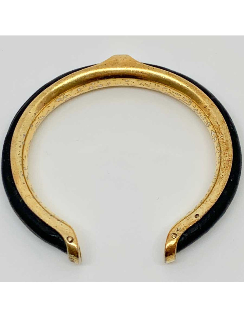 Bracelet vintage HERMES cuir noir laiton doré