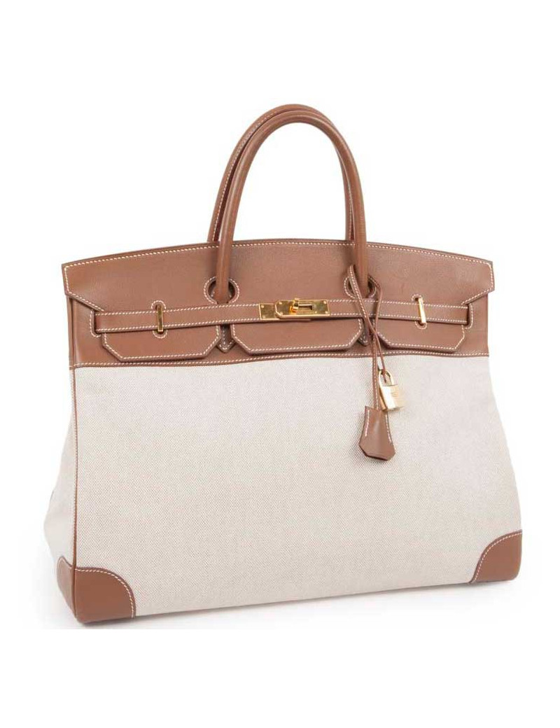 Bag Birkin 40 HERMES Ecru canvas and leather calf epsom