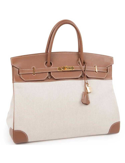 Sac Birkin 40 HERMES toile et cuir veau