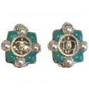 CHANEL Clip-on Earrings in Gilded Metal, Green Resin and Pearls