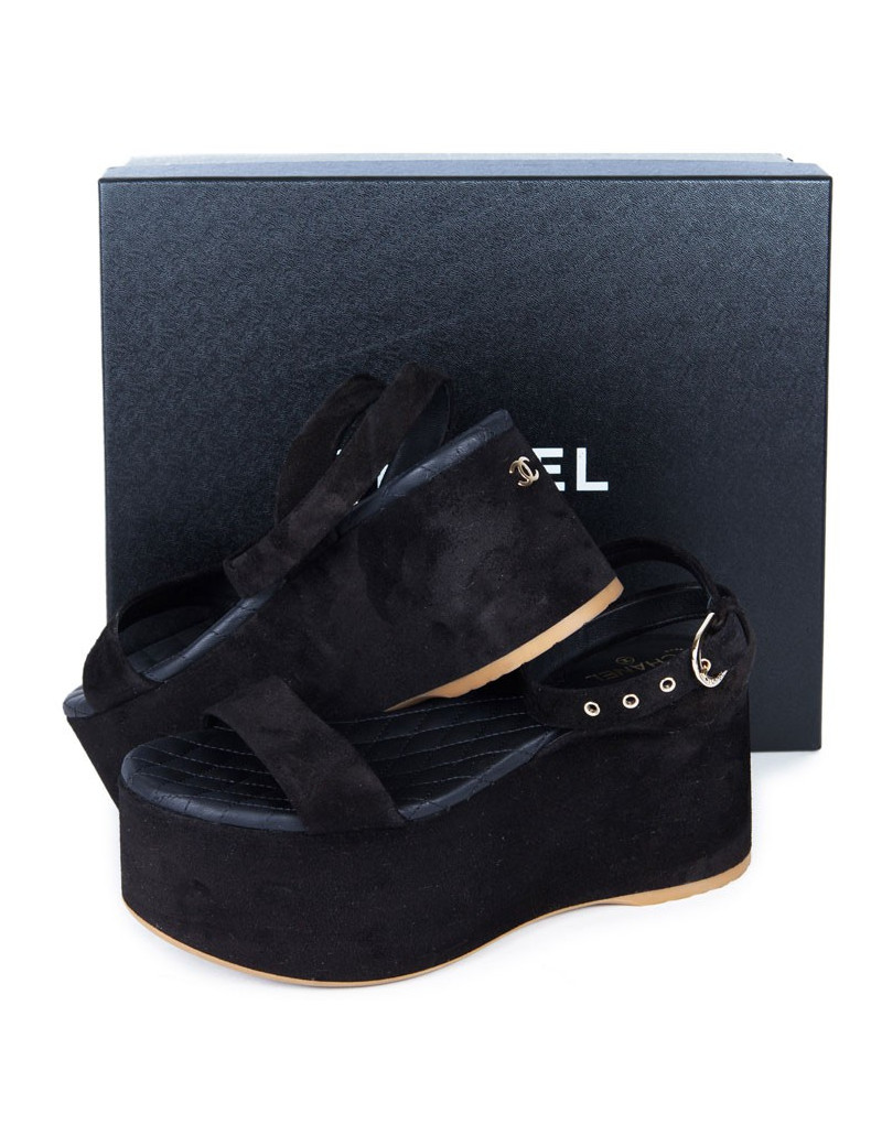Sandales CHANEL T 36.5 veau velours noir