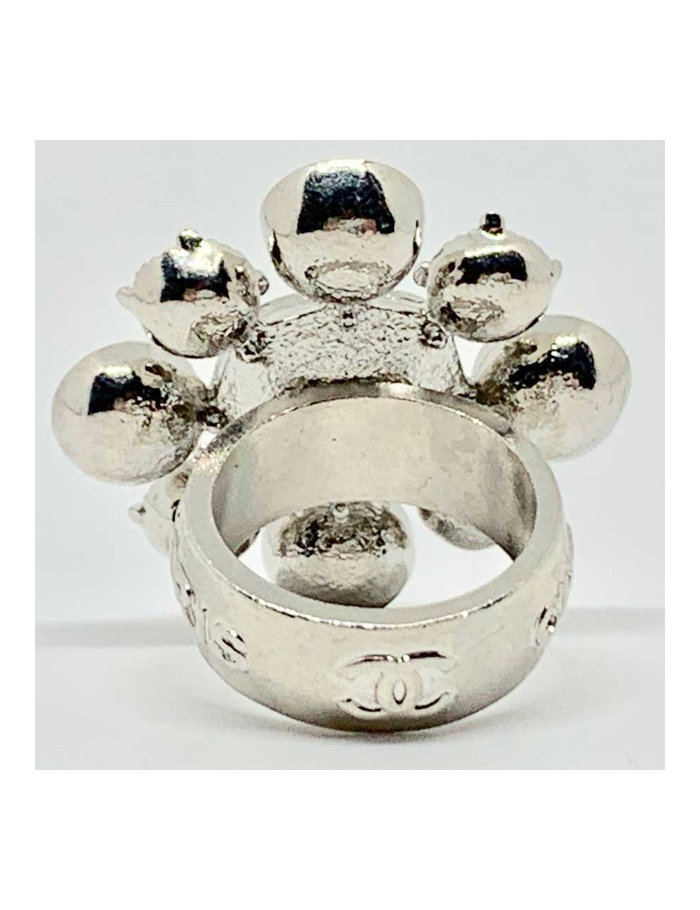Bague CHANEL strass et métal argenté T53