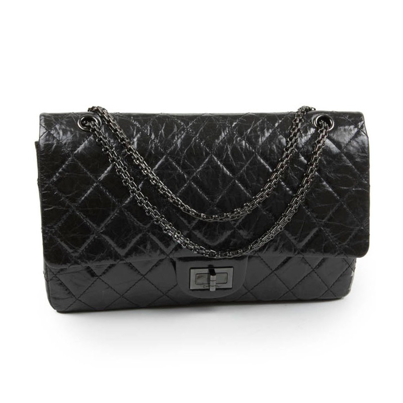CHANEL 2.55 double flap bag in shiny black 'so black' leather - VALOIS  VINTAGE PARIS