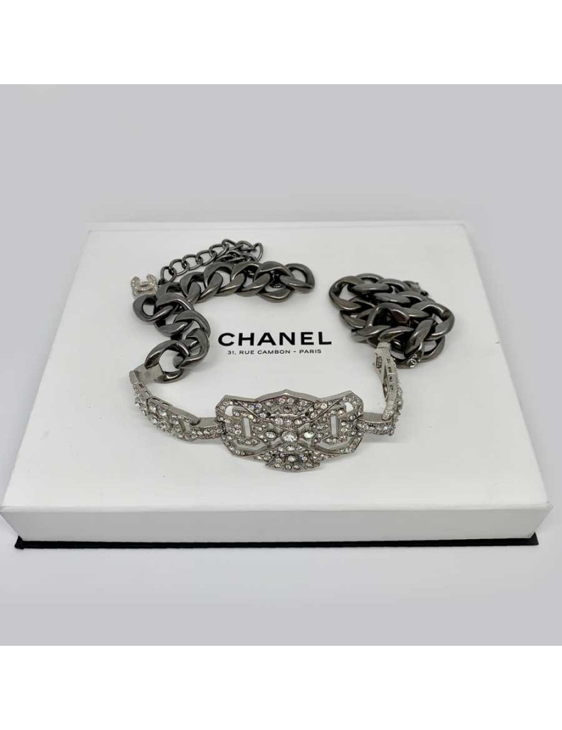 CHANEL belt  with a rhinestone and silver finish metal buckle, size 70