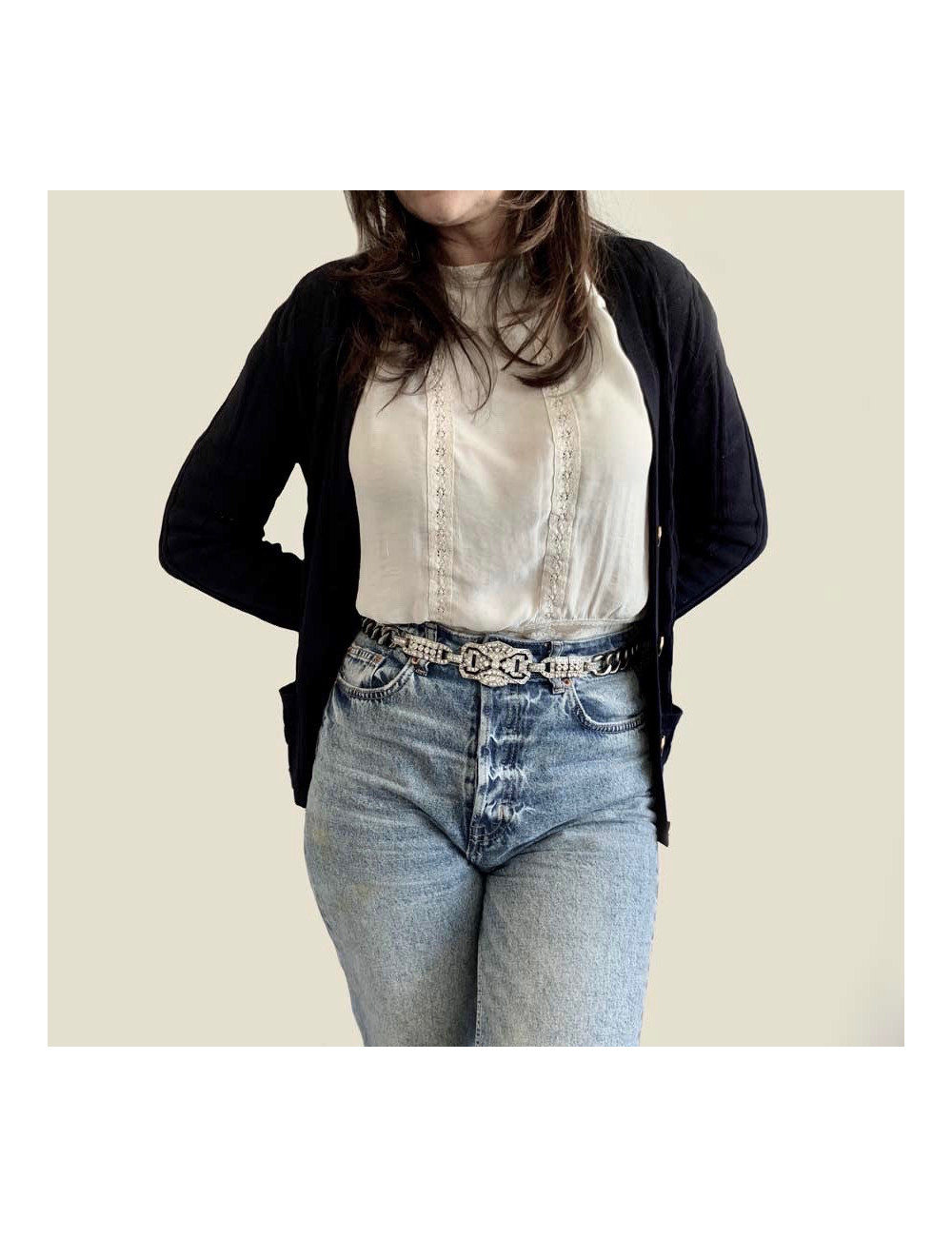 CHANEL belt  with a rhinestone and silver finish metal buckle, size 70