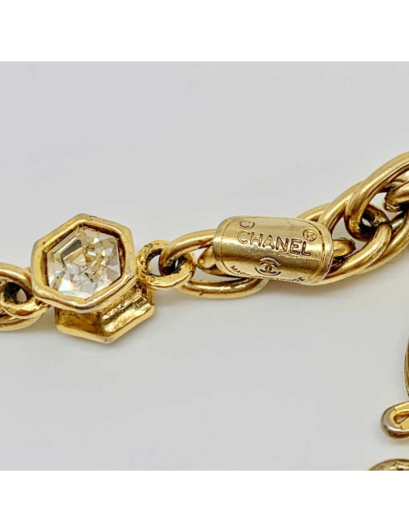 Collier vintage CC CHANEL strass et métal doré