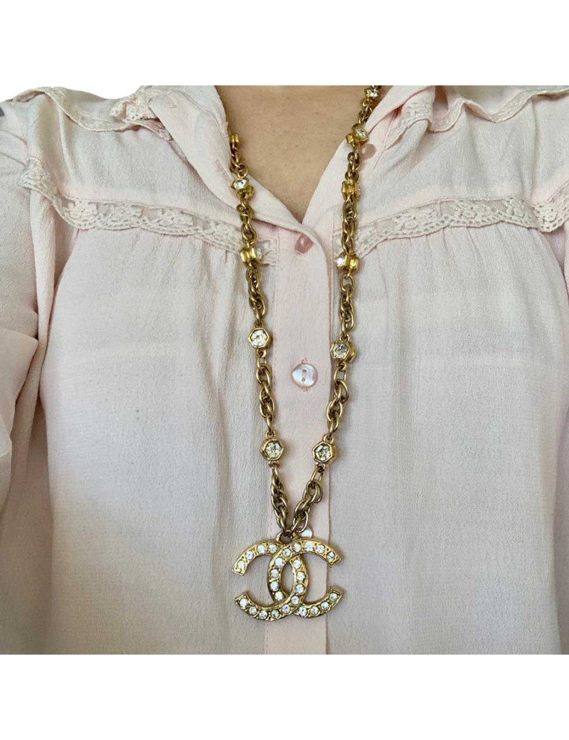 Collier vintage CC CHANEL strass et métal doré