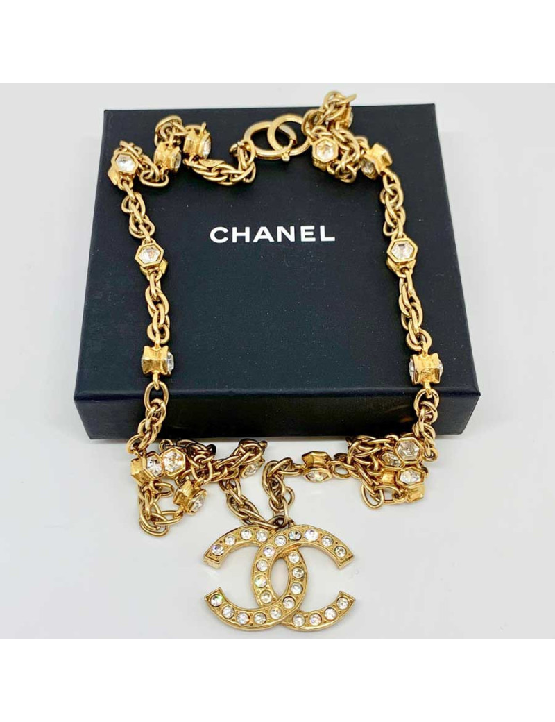 Collier vintage CC CHANEL strass et métal doré