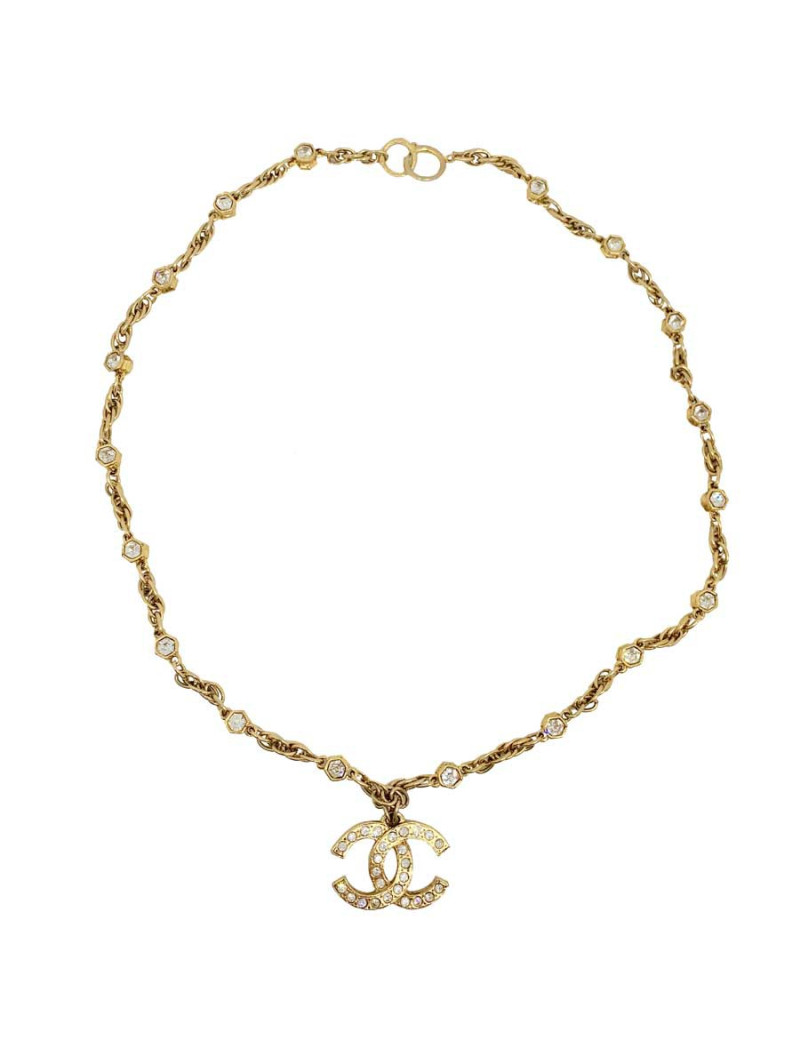 Collier vintage CC CHANEL strass et métal doré