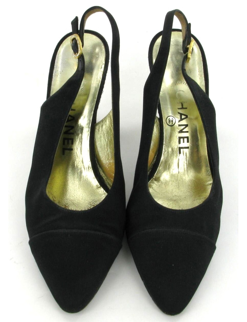 Escarpins CHANEL Couture en soie satin noir T 38,5