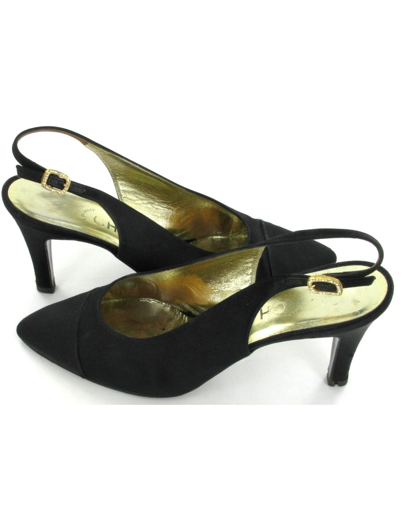 Escarpins CHANEL Couture en soie satin noir T 38,5