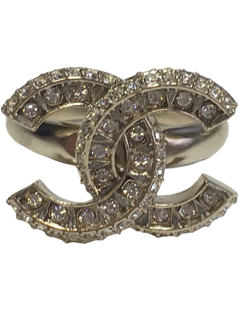Bague CHANEL CC dorée et strass baguette T52