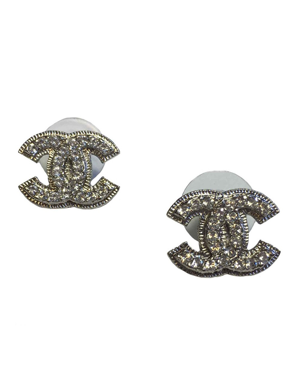Boucles d'oreille clous CHANEL CC en métal argenté et strass