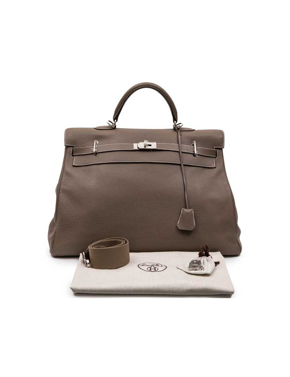 HERMES Kelly II 50 in étoupe Clémence lambskin leather with white stitching