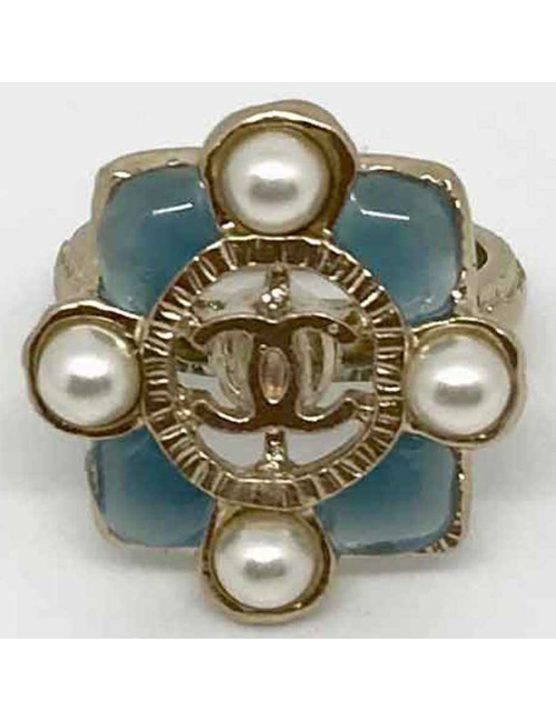 Bague CHANEL T52 en métal doré perles nacrées et bleues