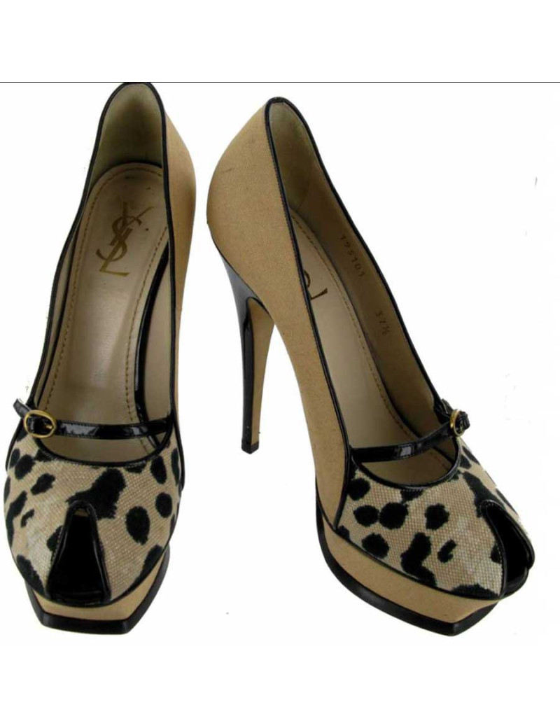 Escarpins open toe YVES SAINT LAURENT T37,5 soie beige et léopard