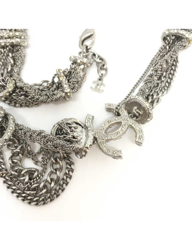 Sautoir multichaines et strass CHANEL argent