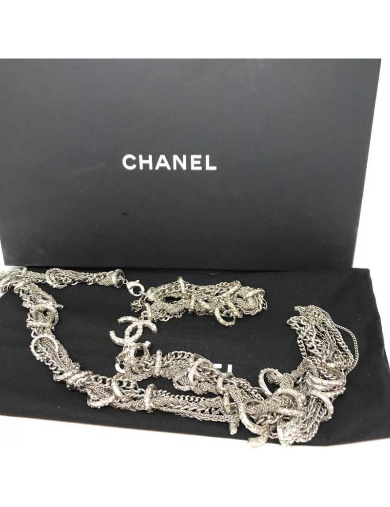 Sautoir multichaines et strass CHANEL argent
