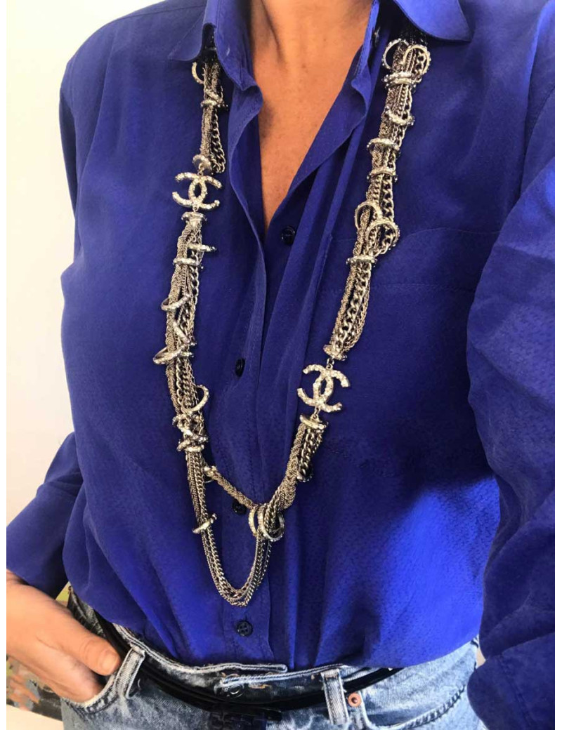 Sautoir multichaines et strass CHANEL argent